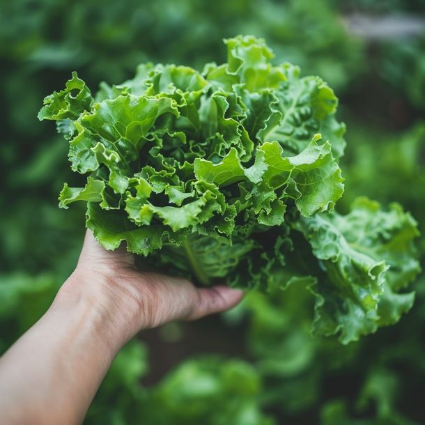 mano che tiene l'insalata fresca nell'orto di MamaGio Mosciano sant'Angelo a Teramo in abruzzo