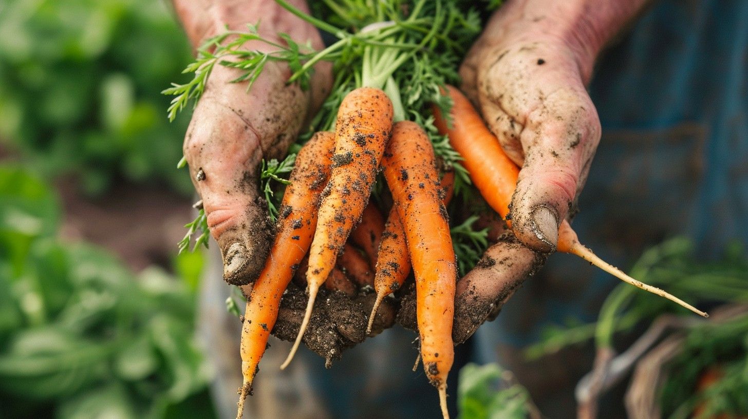 mani che raccolgono le carote nell'orto di Mama Giò vendita prodotti naturali coltivati a km0 Mosciano Sant'Angelo di Teramo in Abruzzo