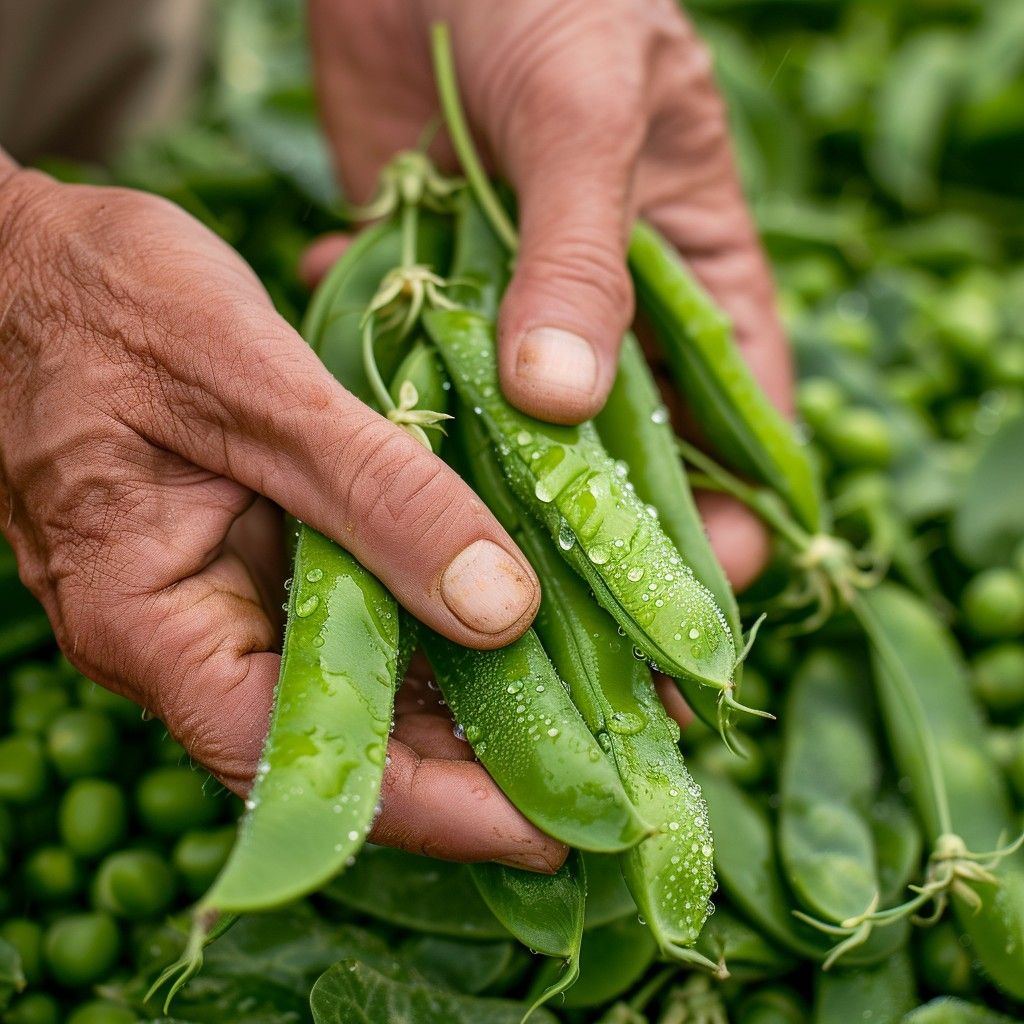 mani che raccolgono i piselli freschi nell'orto di Mama Giò vendita prodotti naturali coltivati a km0 Mosciano Sant'Angelo di Teramo in Abruzzo